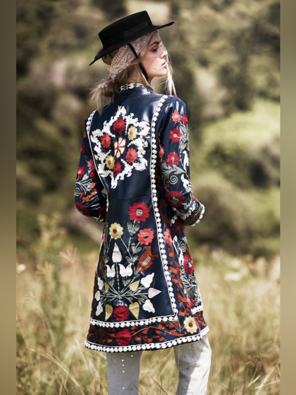 RARE Vintage Rubyyaya Embroidered Floral Navy Trench Coat Cottagecore